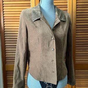 Y2K Brown Faux Suede Blazer with Snake Print Collar Open Back